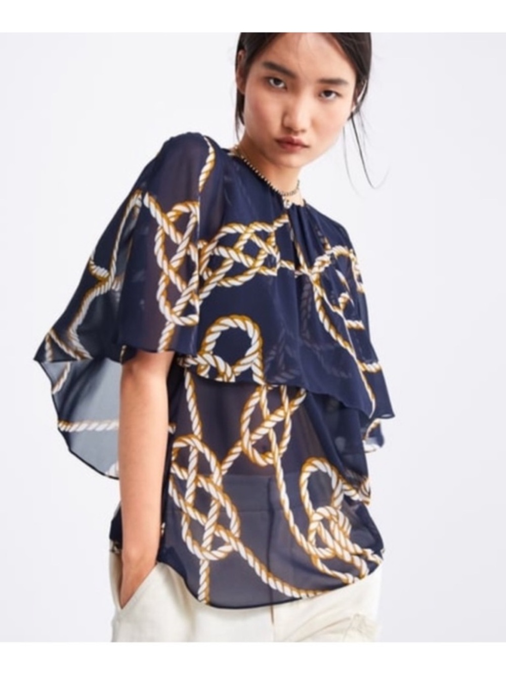 ZARA Navy Blue Nautical Rope Print Chiffon Blouse